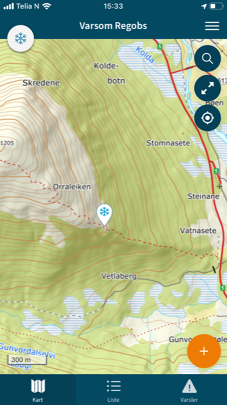 Skjermbilde av Varsom Regobs med kartlaget Norgeskart.