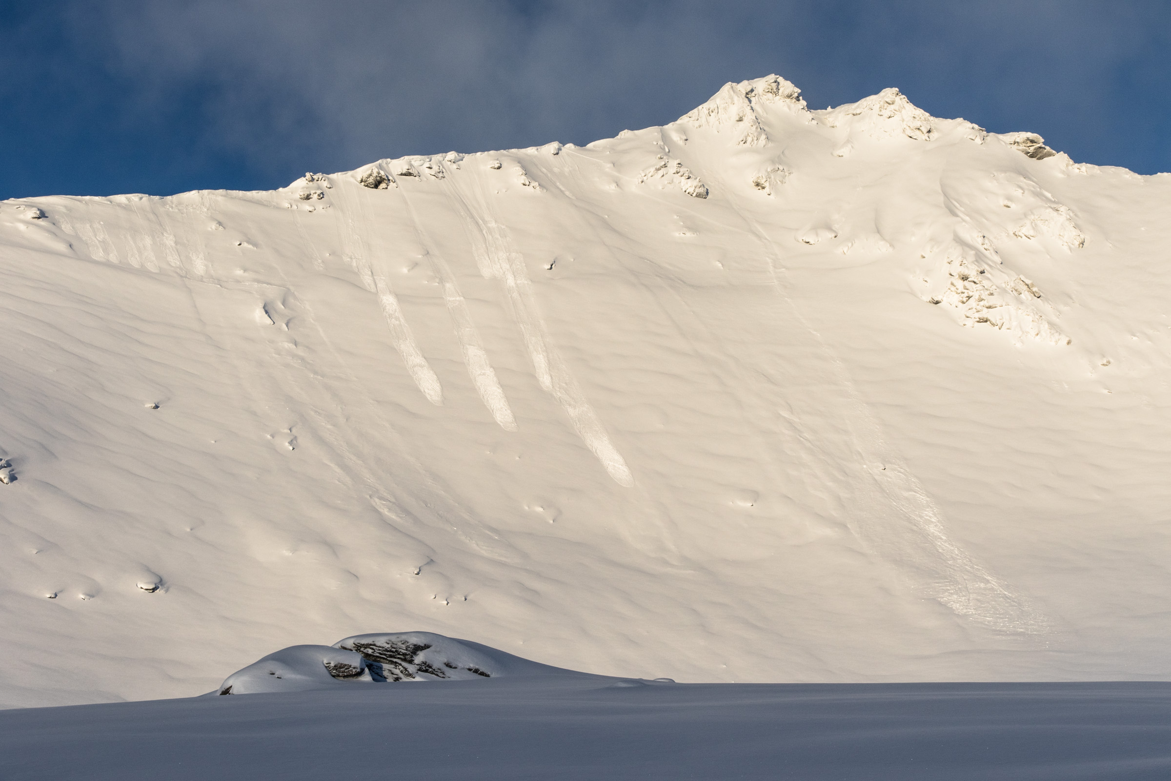 Flere små løssnøskred som har gått i en bratt sørvendt fjellside.