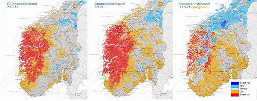 Figuren viser grunnvannstilstand 29.8, 5.9 og prognose for 12.9. Kartene viser at grunnvannstanden har sunket fra august til september, men prognoser for 12.9 viser en bedring.