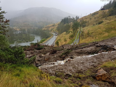 Bilde av et flomskred som har gått i et bebygd område og over en vei.