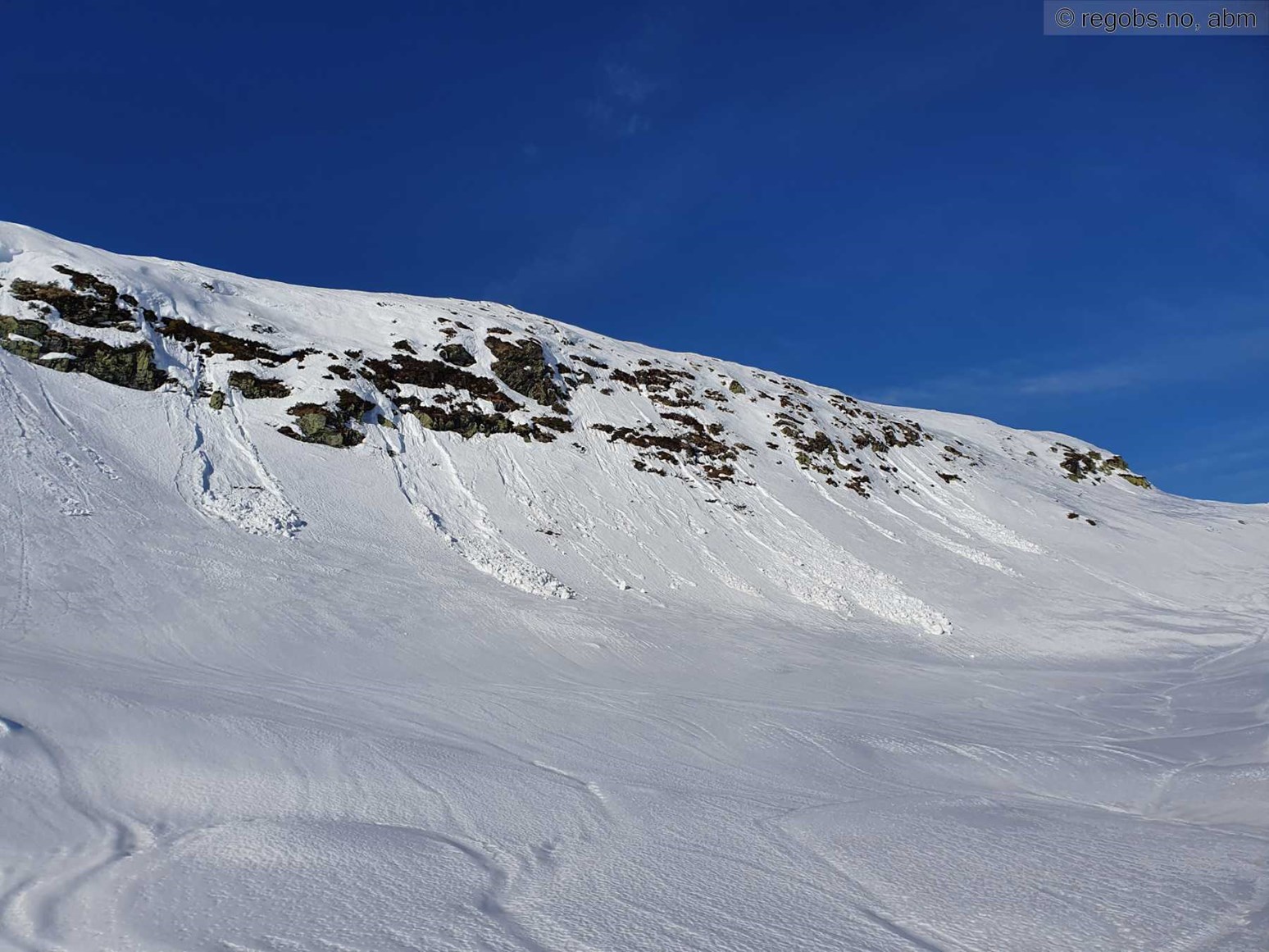 Flere våte løssnøskred langs et klippeparti i fjellet. Skred av både små og middels størrelse.