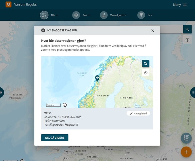 Skjemutklipp av registrering av obs.