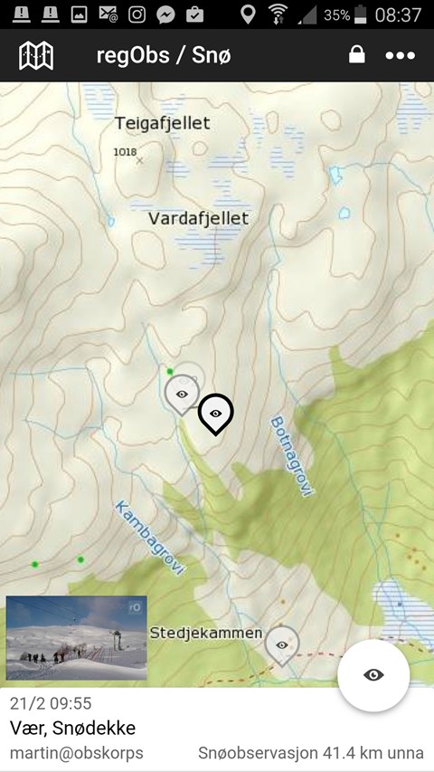 Skjermutklipp av regobs app med en observasjon.