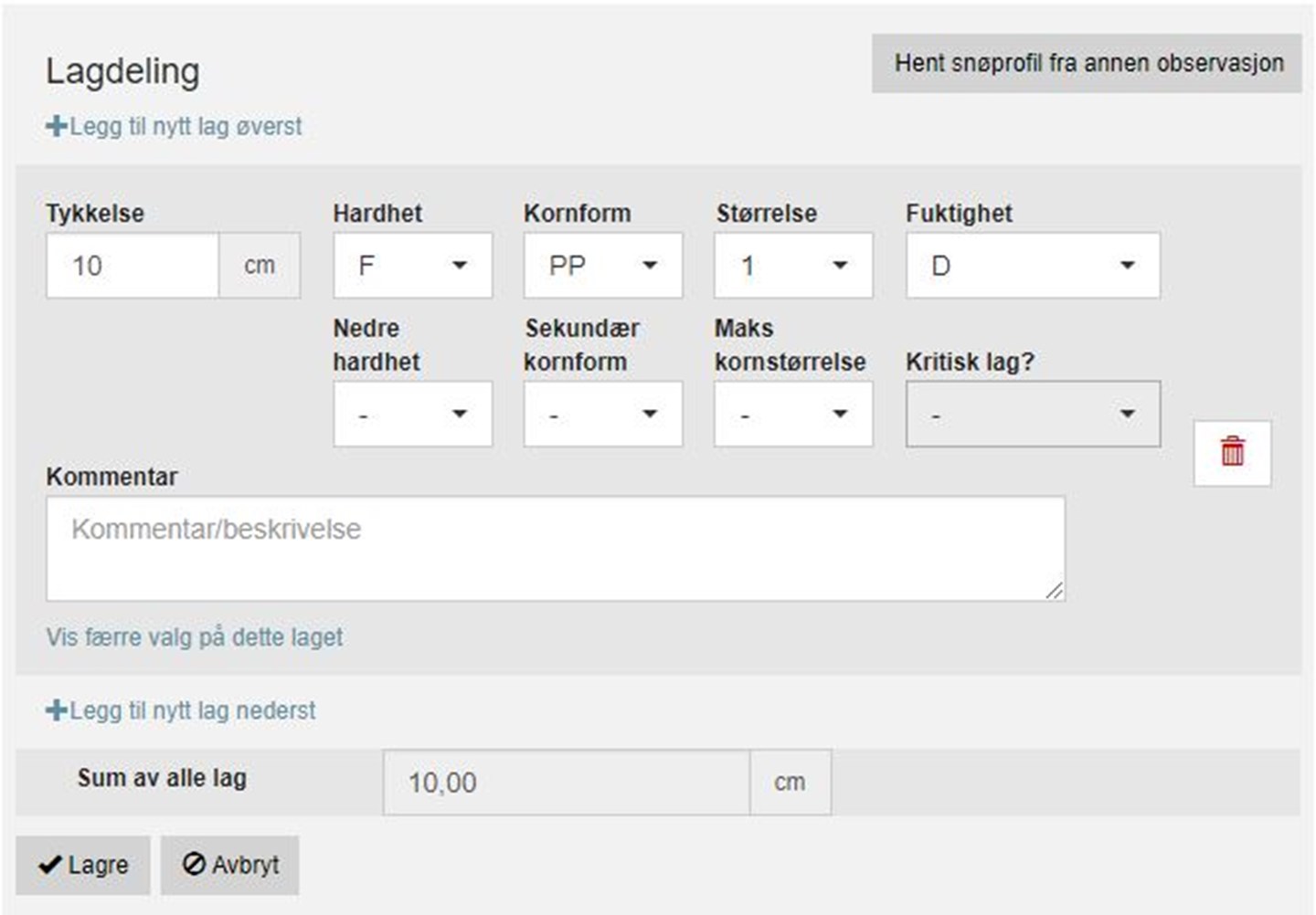 Eksempel på hvordan fylle ut feltene i snøprofil-verktøyet på regobs web.