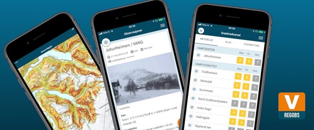 smartphones showing the varsom regobs app