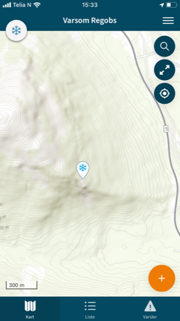 Skjermbilde av Varsom Regobs med kartlaget ArcGis.