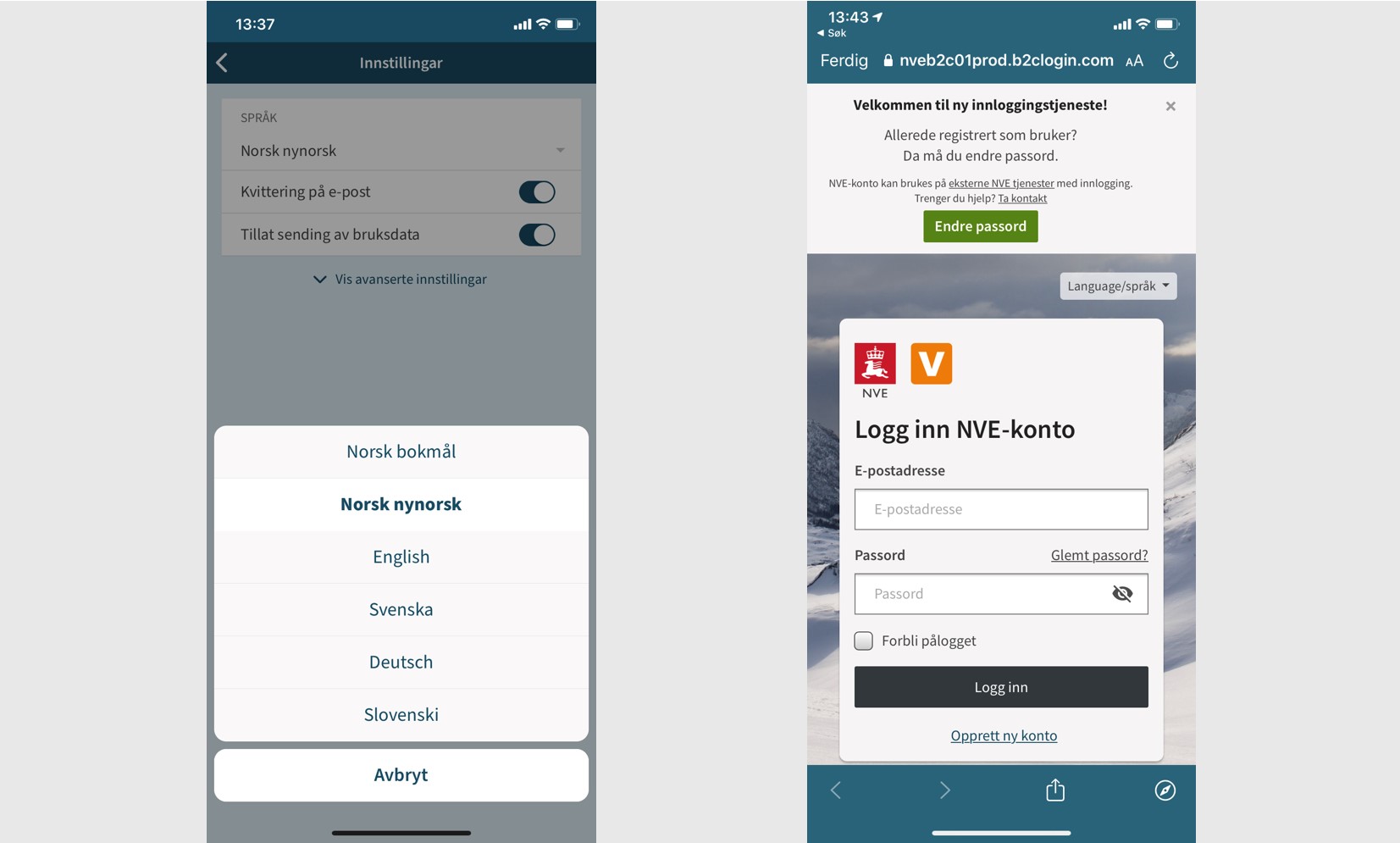 Skjermbilde av språkinnstillinger og innlogging til Varsom Regobs.