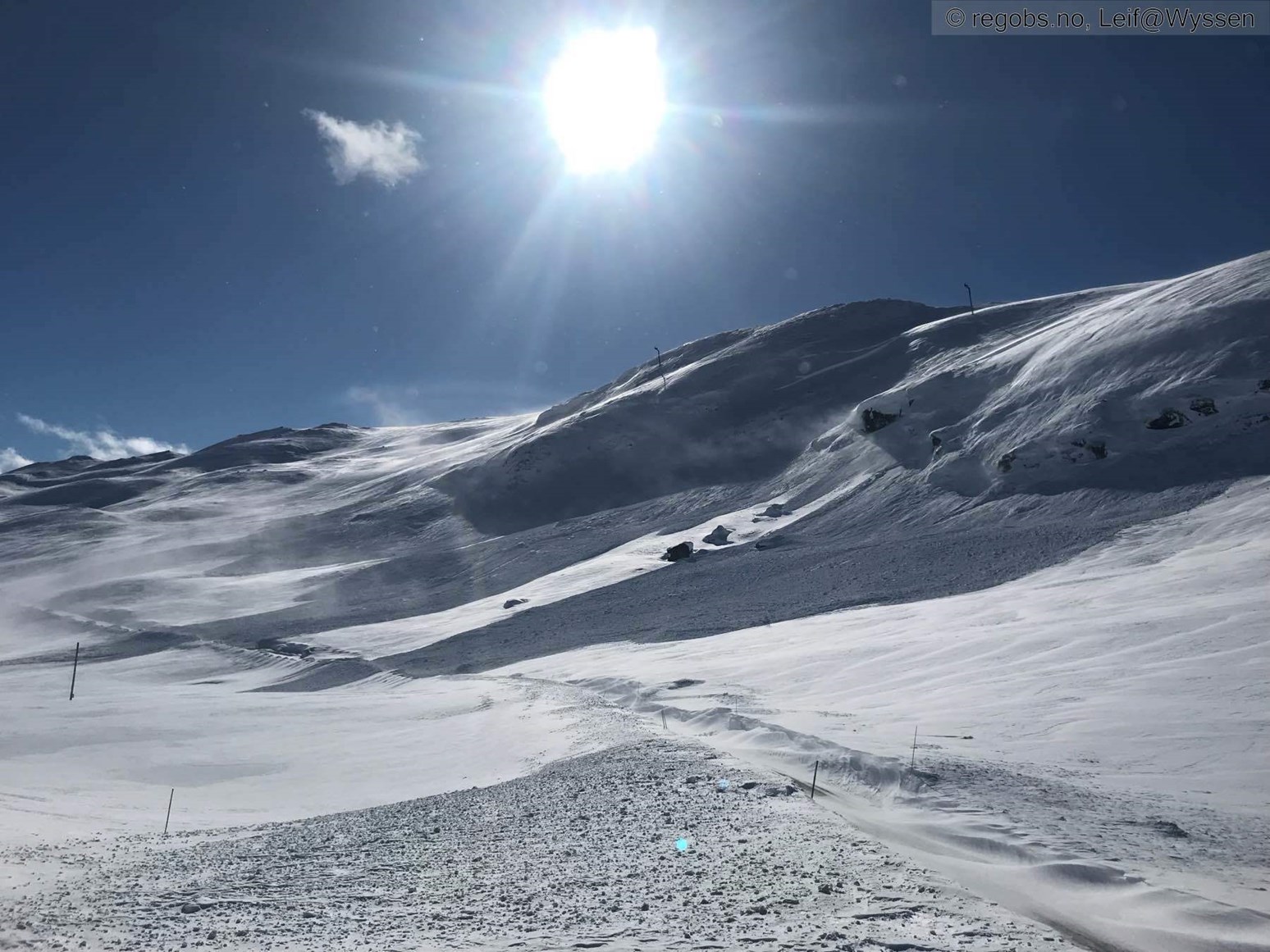 Et svært stort flakskred har gått over en vei.