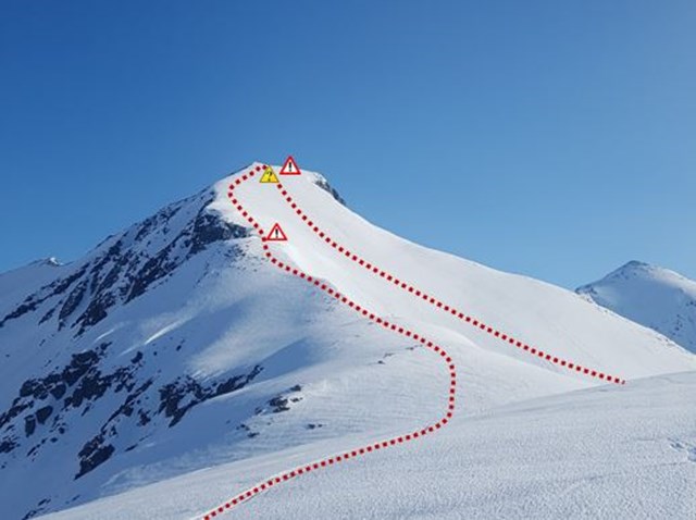 Bilde av områder hvor man går opp til Kirketaket med inntegnet rute og faremomenter.