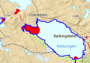Kart hvor områder med svekket is er markert med rødt.